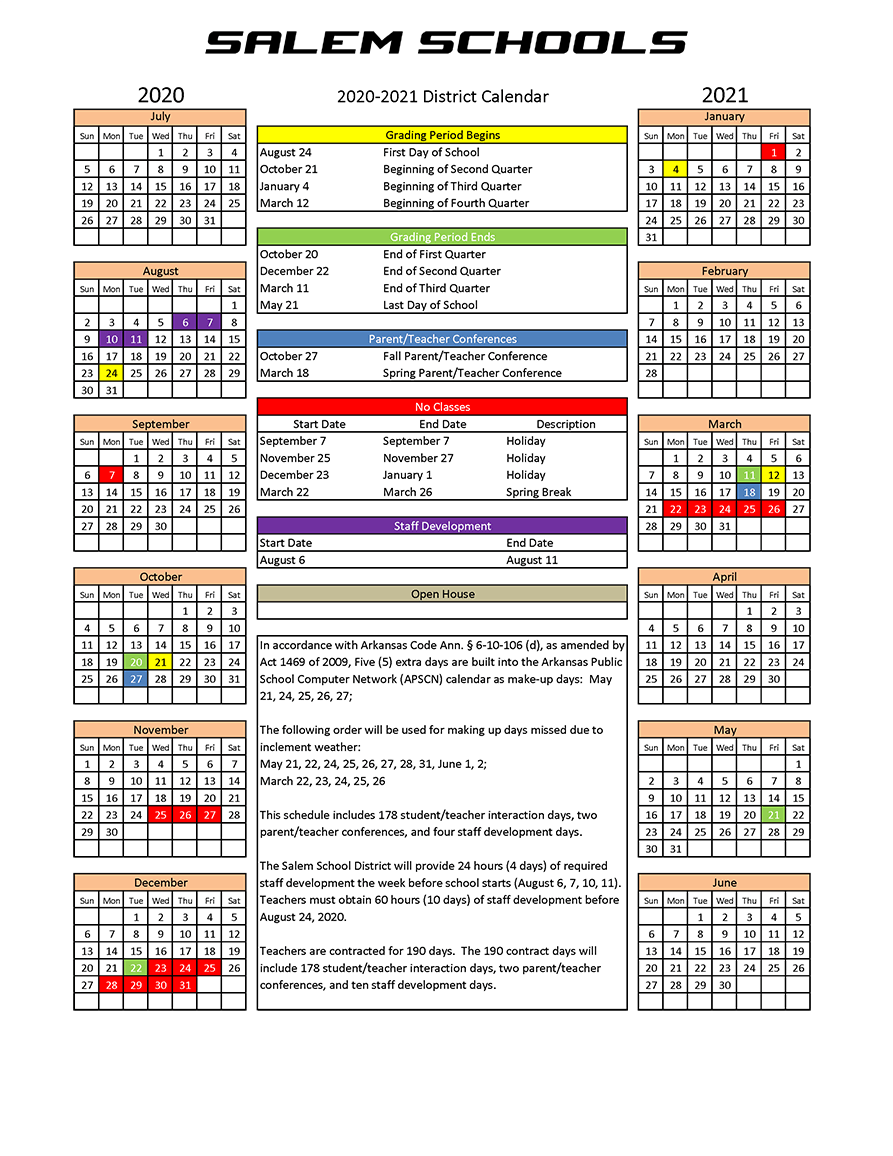 Salem Schools 2020-2021 Calendar